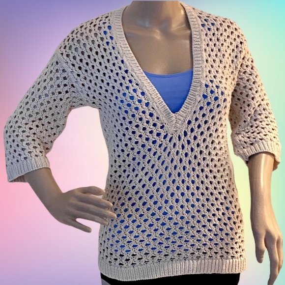 Beige Crochet V-Neck Sweater 3/4 Sleeves Beachwear Resort Layer Coastal Grandma - Picture 8 of 11